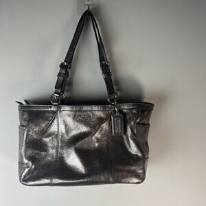 COACH-Soft Shimmery Silver Leather-Gallery East West Tote-Shoulder Bag #F17721